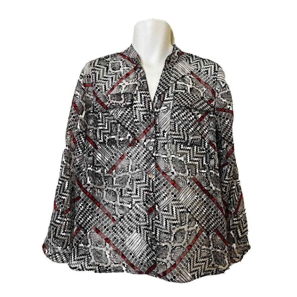 Ruby Rd. Size 8 medium Print Sheer Chiffon Button Down Blouse Black White Red